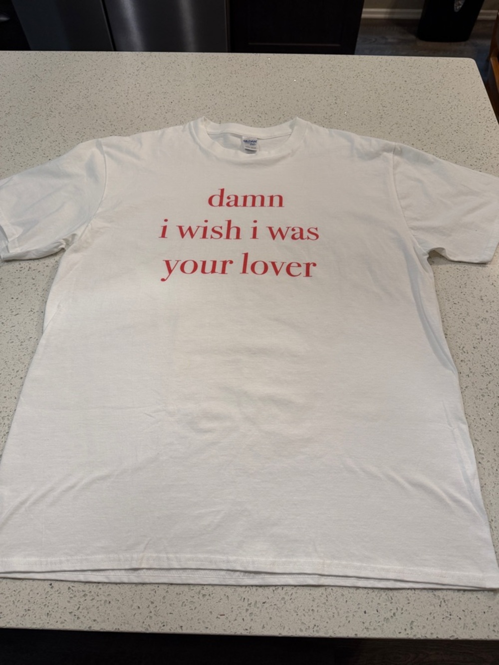 White Graphic Tee with Red Text - "damn i wish i was your lover"! Never worn